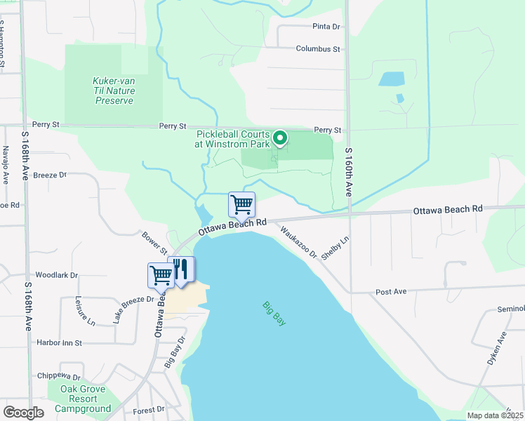 map of restaurants, bars, coffee shops, grocery stores, and more near 1763 Ottawa Beach Road in Holland