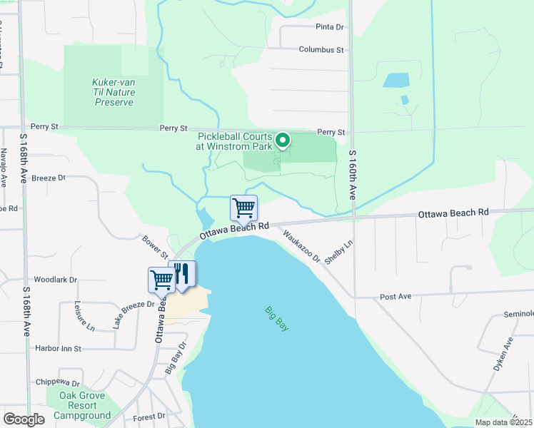 map of restaurants, bars, coffee shops, grocery stores, and more near 1763 Ottawa Beach Road in Holland