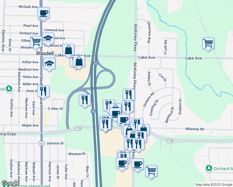 map of restaurants, bars, coffee shops, grocery stores, and more near 3404 McKinley Parkway in Buffalo