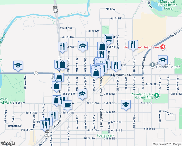 map of restaurants, bars, coffee shops, grocery stores, and more near 199 1st Avenue Northwest in Le Mars