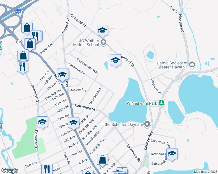map of restaurants, bars, coffee shops, grocery stores, and more near 122 Lakeview Avenue in Haverhill