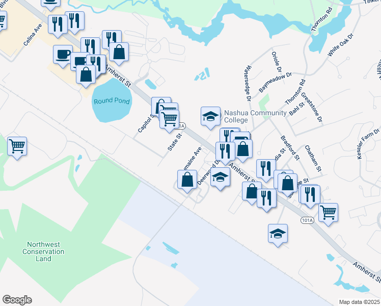 map of restaurants, bars, coffee shops, grocery stores, and more near 7 Dumaine Avenue in Nashua