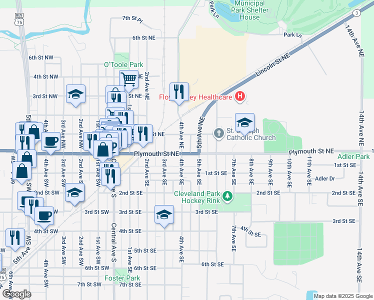 map of restaurants, bars, coffee shops, grocery stores, and more near 2-98 4th Ave NE in Le Mars