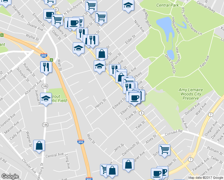 map of restaurants, bars, coffee shops, grocery stores, and more near 22 Henry Street in Schenectady