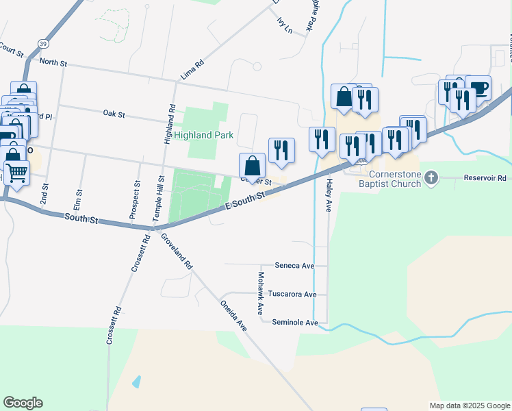 map of restaurants, bars, coffee shops, grocery stores, and more near 36 U.S. 20A in Geneseo