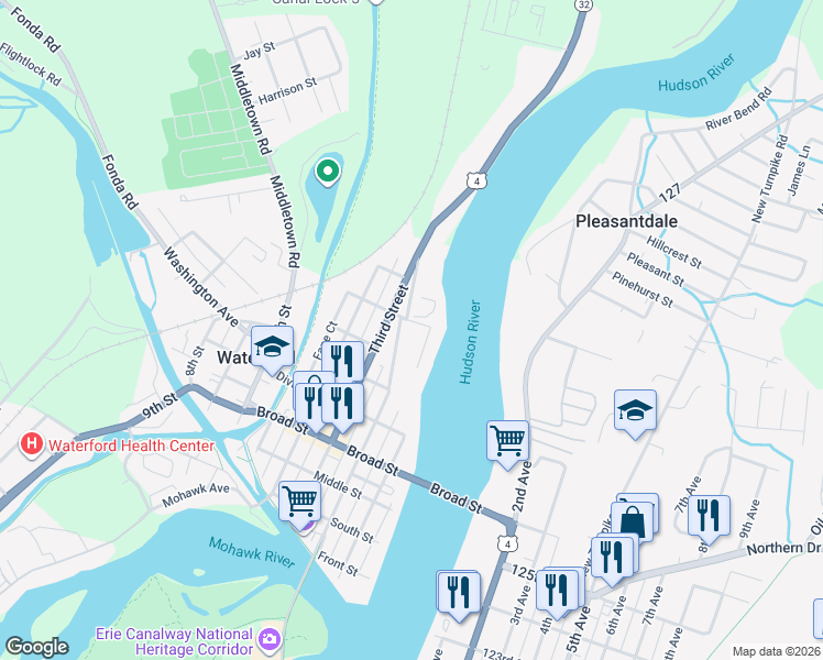 map of restaurants, bars, coffee shops, grocery stores, and more near 2A John Street in Waterford