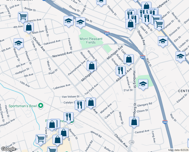 map of restaurants, bars, coffee shops, grocery stores, and more near 1533 Santa Fe Street in Schenectady