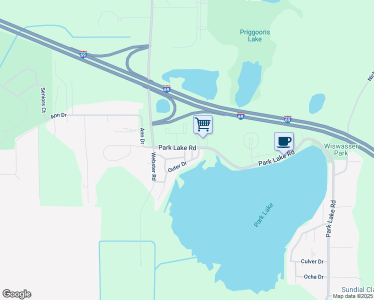 map of restaurants, bars, coffee shops, grocery stores, and more near 5932 Park Lake Road in Bath Township