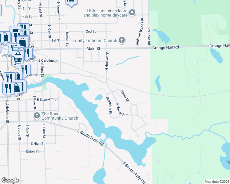 map of restaurants, bars, coffee shops, grocery stores, and more near 700 Eagle Drive in Fenton