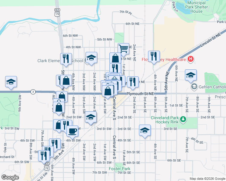 map of restaurants, bars, coffee shops, grocery stores, and more near 199 Central Avenue Northwest in Le Mars