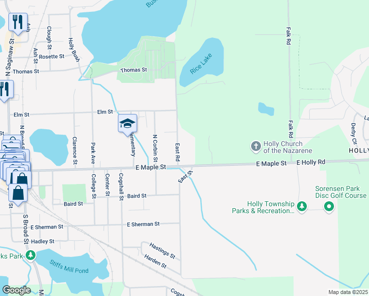 map of restaurants, bars, coffee shops, grocery stores, and more near 114 East Street in Holly