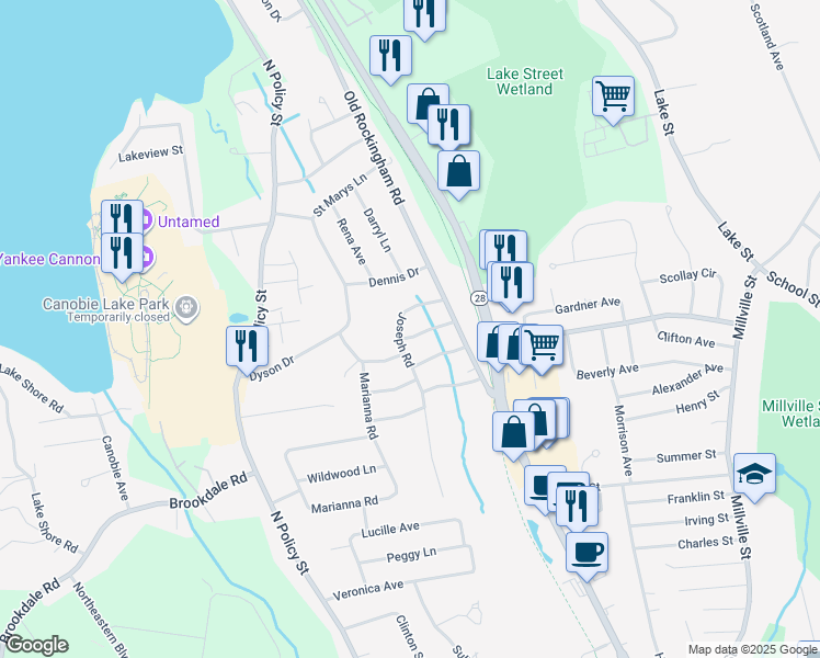 map of restaurants, bars, coffee shops, grocery stores, and more near 8 Catherine Road in Salem