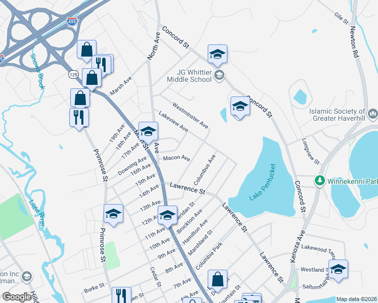 map of restaurants, bars, coffee shops, grocery stores, and more near 36 Macon Avenue in Haverhill