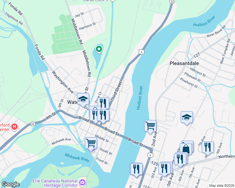 map of restaurants, bars, coffee shops, grocery stores, and more near 2A John Street in Waterford