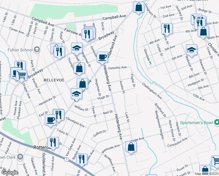 map of restaurants, bars, coffee shops, grocery stores, and more near 1064 Helderberg Avenue in Schenectady