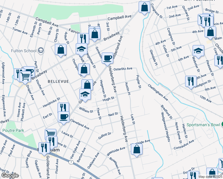 map of restaurants, bars, coffee shops, grocery stores, and more near 1064 Helderberg Avenue in Schenectady