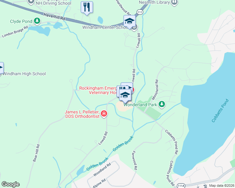 map of restaurants, bars, coffee shops, grocery stores, and more near 6 Westchester Road in Windham