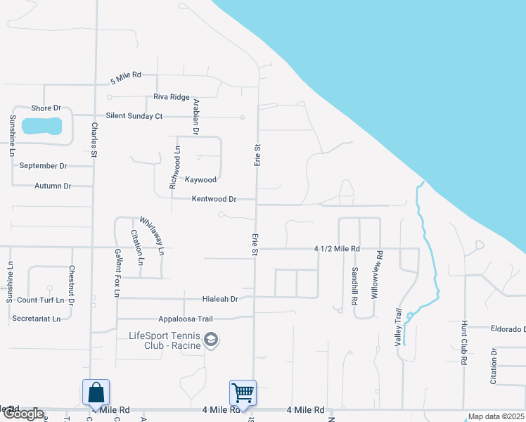 map of restaurants, bars, coffee shops, grocery stores, and more near 5609 Erie Street in Racine