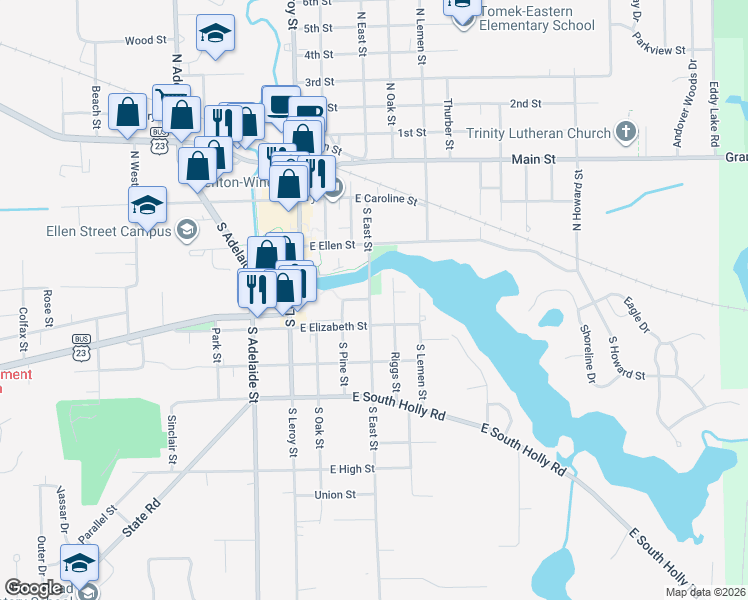 map of restaurants, bars, coffee shops, grocery stores, and more near 301 South East Street in Fenton