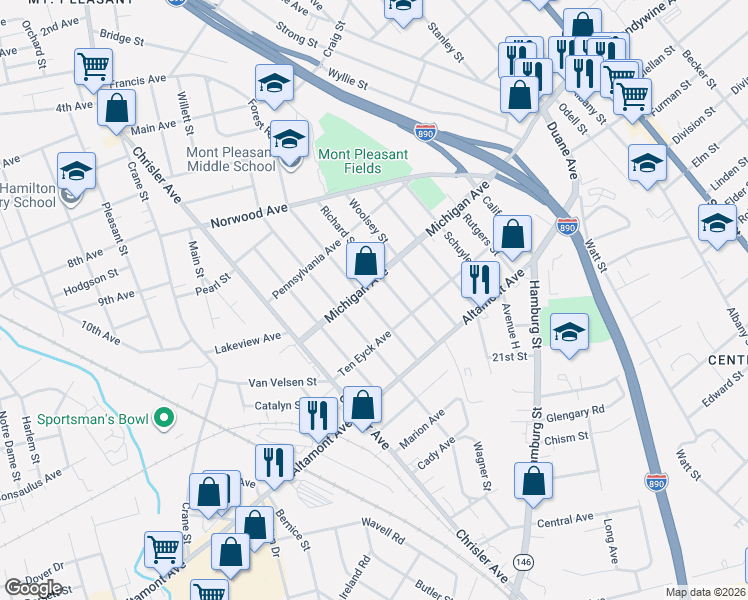 map of restaurants, bars, coffee shops, grocery stores, and more near 1533 Santa Fe Street in Schenectady