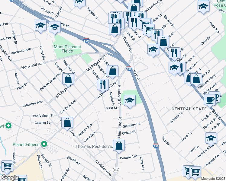 map of restaurants, bars, coffee shops, grocery stores, and more near 1713 Avenue H in Schenectady