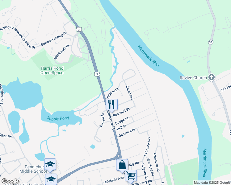 map of restaurants, bars, coffee shops, grocery stores, and more near 7 Brinton Drive in Nashua