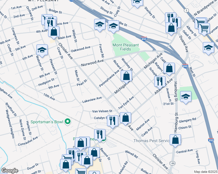 map of restaurants, bars, coffee shops, grocery stores, and more near 1443 Dewitt Street in Schenectady