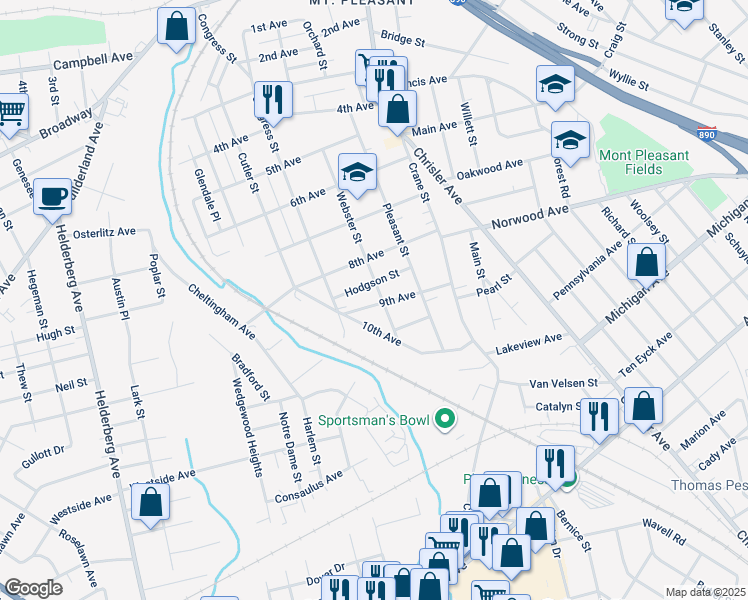 map of restaurants, bars, coffee shops, grocery stores, and more near 1268 Webster Street in Schenectady