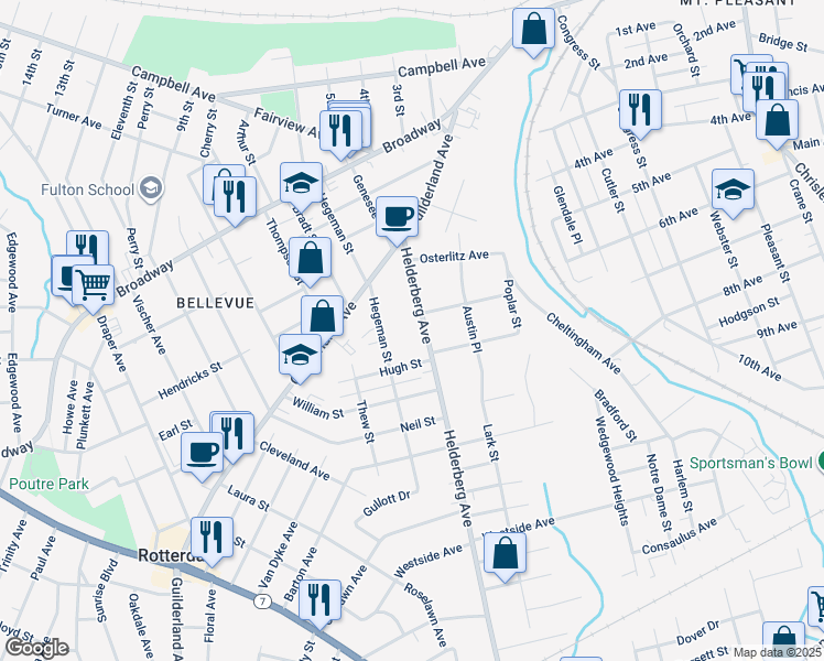 map of restaurants, bars, coffee shops, grocery stores, and more near 1064 Helderberg Avenue in Schenectady