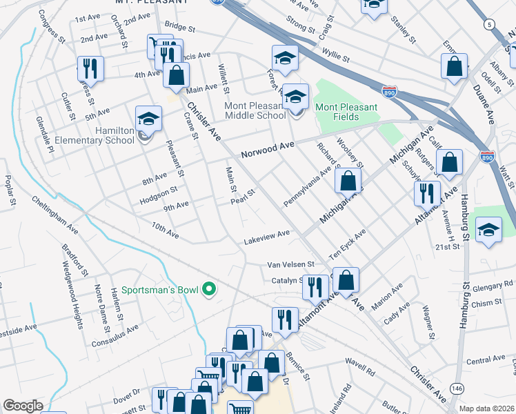 map of restaurants, bars, coffee shops, grocery stores, and more near 1325 Wing Avenue in Schenectady