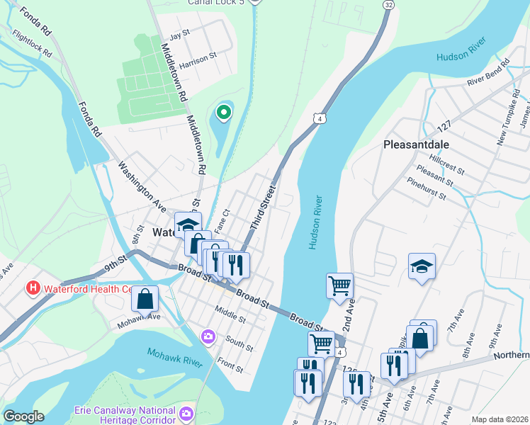 map of restaurants, bars, coffee shops, grocery stores, and more near 2A John Street in Waterford