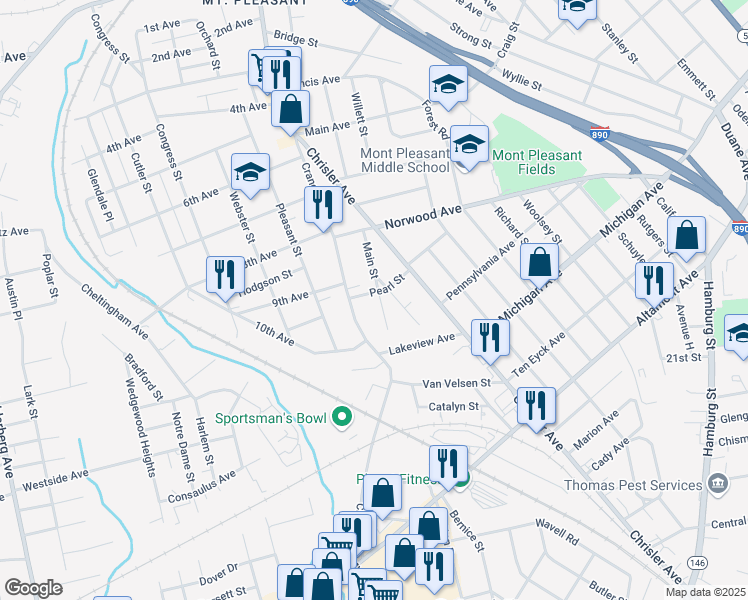 map of restaurants, bars, coffee shops, grocery stores, and more near 1054 Pearl Street in Schenectady