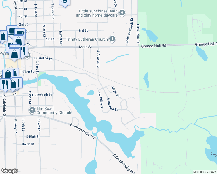 map of restaurants, bars, coffee shops, grocery stores, and more near 760 Eagle Drive in Fenton