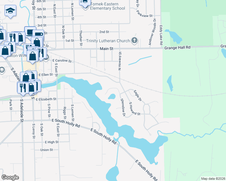 map of restaurants, bars, coffee shops, grocery stores, and more near 622 Shoreline Drive in Fenton