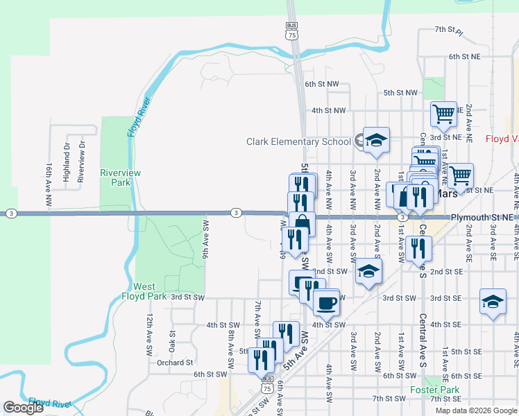 map of restaurants, bars, coffee shops, grocery stores, and more near 615 Plymouth Street West in Le Mars