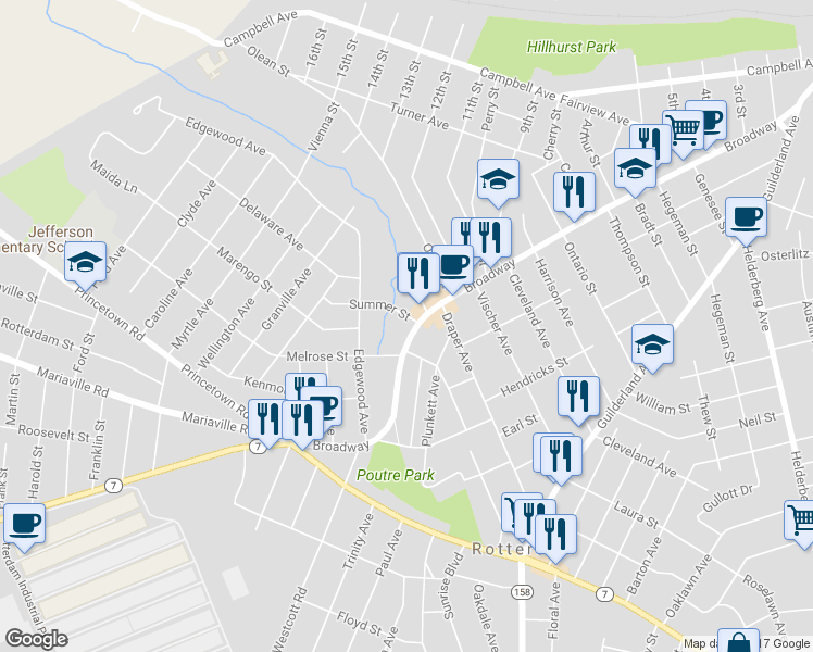 map of restaurants, bars, coffee shops, grocery stores, and more near 2737 Broadway in Rotterdam
