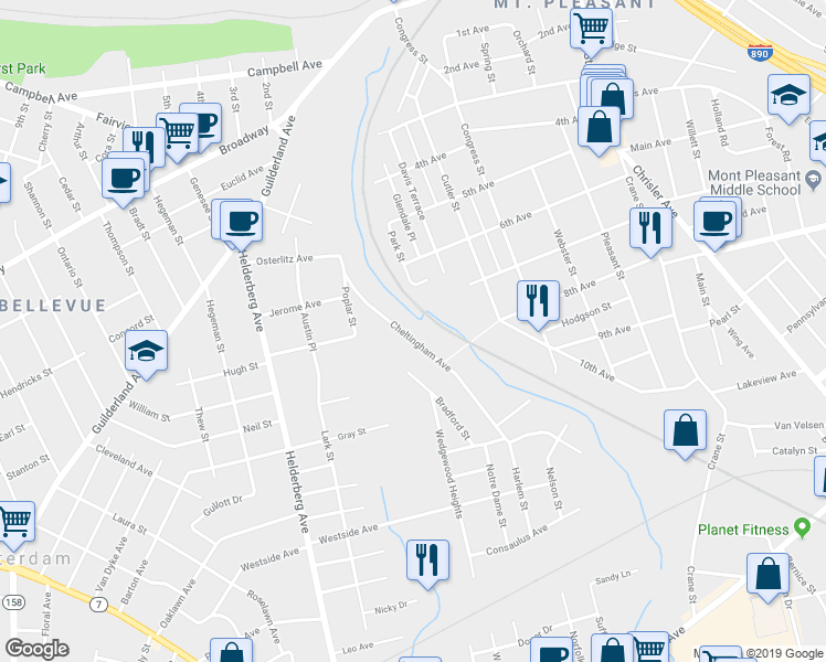 map of restaurants, bars, coffee shops, grocery stores, and more near 89 Cheltingham Avenue in Schenectady