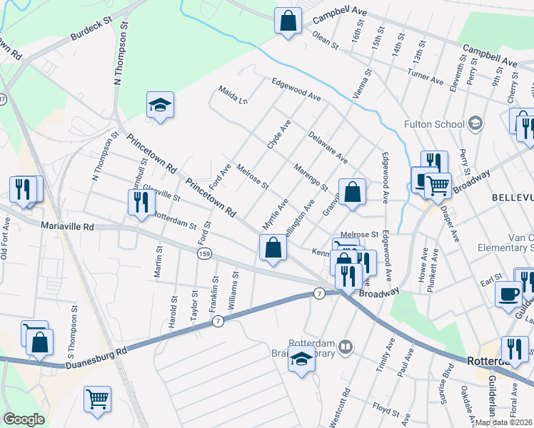 map of restaurants, bars, coffee shops, grocery stores, and more near 3027 Myrtle Avenue in Rotterdam