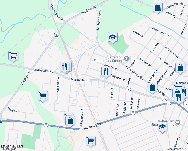 map of restaurants, bars, coffee shops, grocery stores, and more near 66 Mariaville Road in Rotterdam