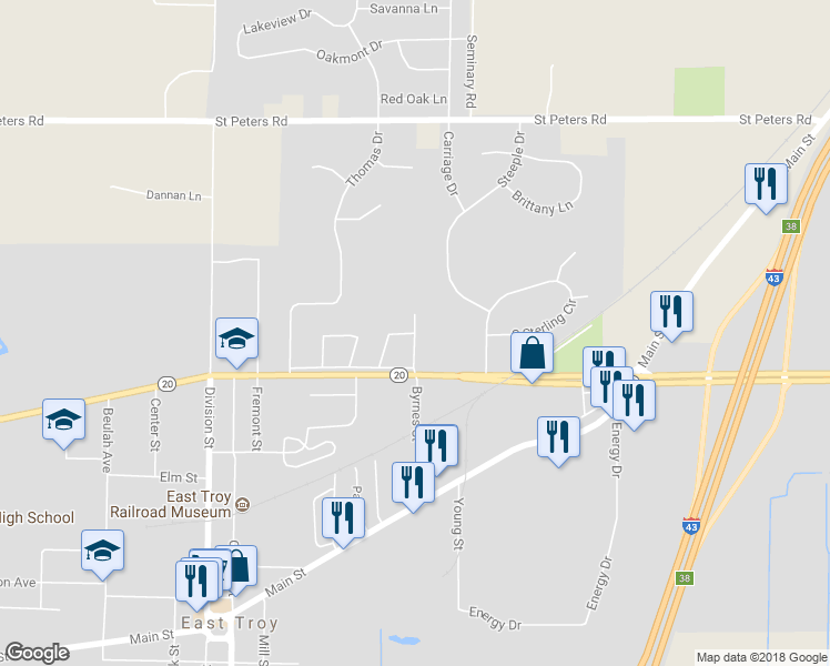 map of restaurants, bars, coffee shops, grocery stores, and more near 1875 East Drive in East Troy