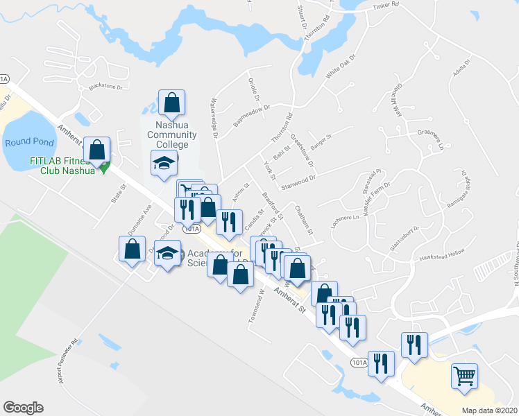 map of restaurants, bars, coffee shops, grocery stores, and more near 3 Candia Street in Nashua