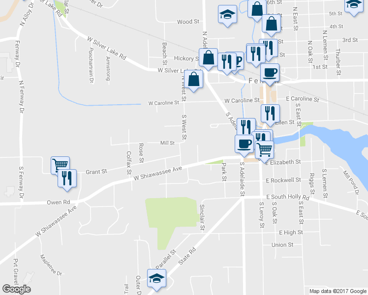 map of restaurants, bars, coffee shops, grocery stores, and more near 309 South West Street in Fenton