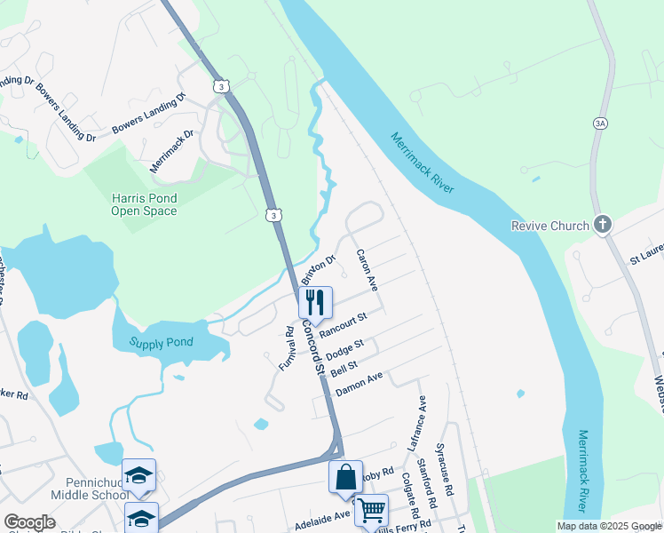 map of restaurants, bars, coffee shops, grocery stores, and more near 7 Brinton Drive in Nashua