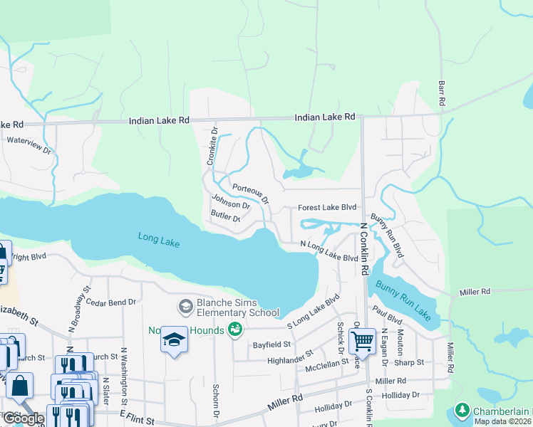 map of restaurants, bars, coffee shops, grocery stores, and more near 799 North Long Lake Boulevard in Orion charter Township