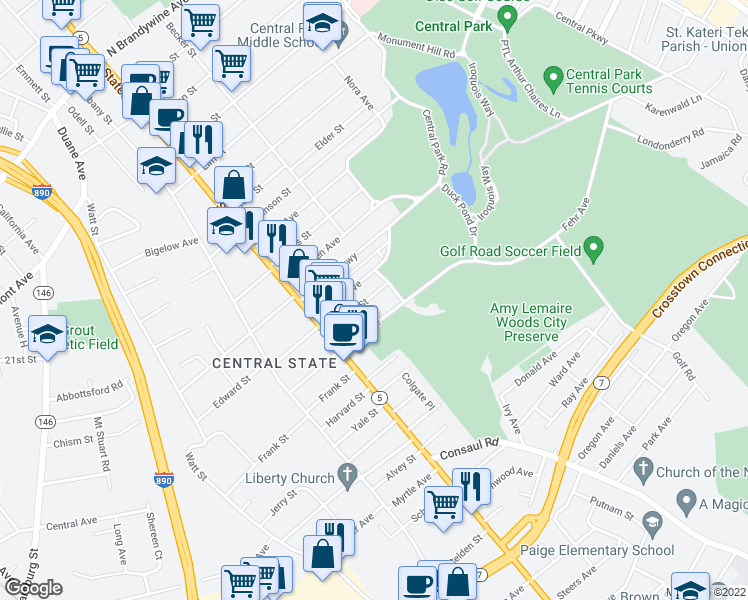 map of restaurants, bars, coffee shops, grocery stores, and more near 62 Spruce Street in Schenectady