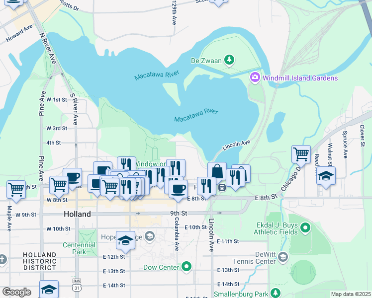 map of restaurants, bars, coffee shops, grocery stores, and more near 145 Columbia Avenue in Holland