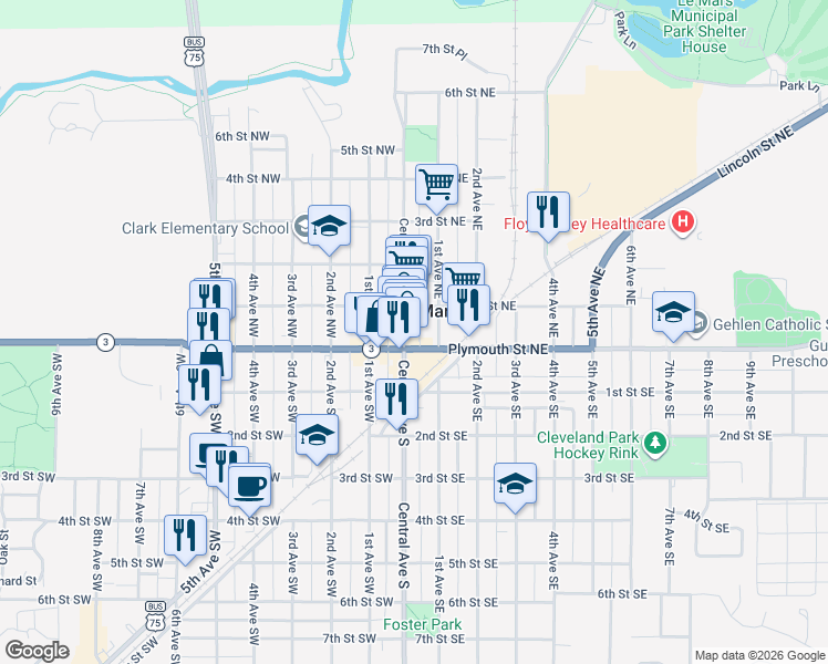 map of restaurants, bars, coffee shops, grocery stores, and more near 1-99 Central Ave NE in Le Mars