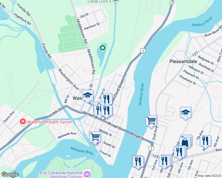 map of restaurants, bars, coffee shops, grocery stores, and more near 95 4th Street in Waterford