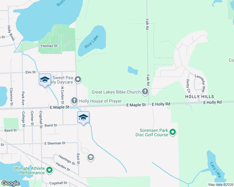 map of restaurants, bars, coffee shops, grocery stores, and more near 963 East Maple Street in Holly