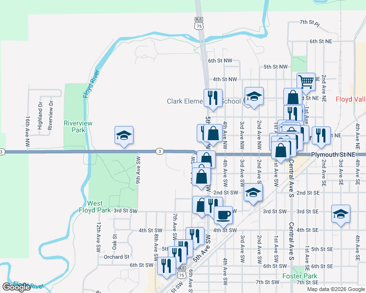 map of restaurants, bars, coffee shops, grocery stores, and more near 615 Plymouth Street West in Le Mars